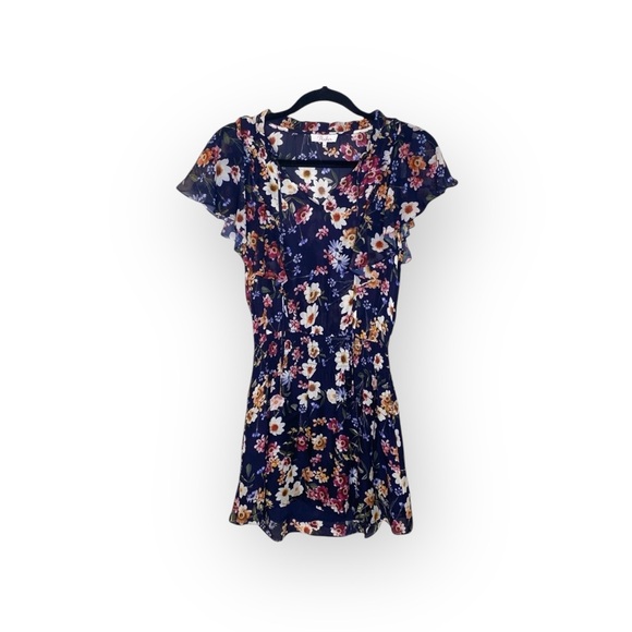 Parker ๐ Floral Silk A-Line V Neck Dress ๐ Scalloped Ruffles ๐ Navy ๐ XS ๐ - Picture 4 of 16